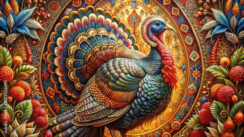 Wallpaper Mural A majestic turkey with iridescent plumage stands adorned in a frame of vibrant floral patterns, a testament to the artistry of nature. Torontodigital.ca