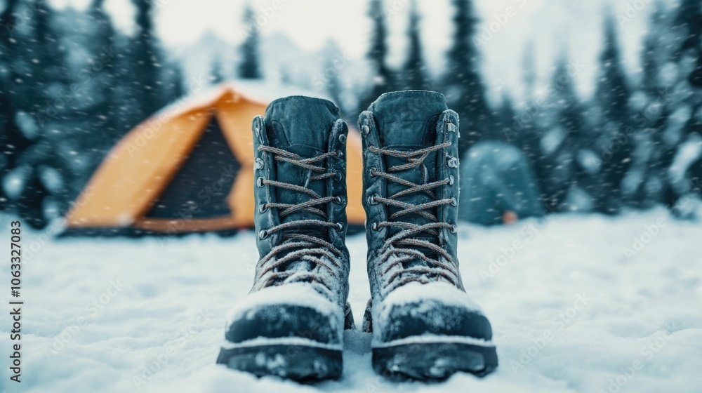 Snowy Boots and Camping Gear Nestled in a Serene Snow Covered Winter Forest Campsite with a Cozy Tent and Frozen Surroundings Snowy Boots and Camping Gear Nestled in a Serene Snow Covered Winter Forest Campsite with a Cozy Tent and Frozen Surroundings