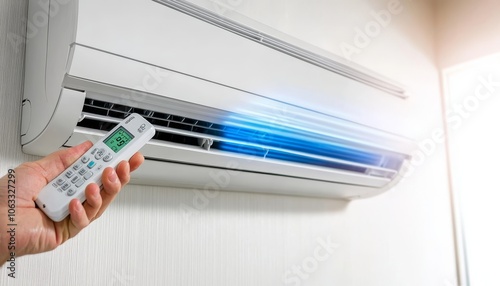 Cooling Down, Staying Comfortable Adjusting Home Air Conditioner With Remote Control On Summer Day photo