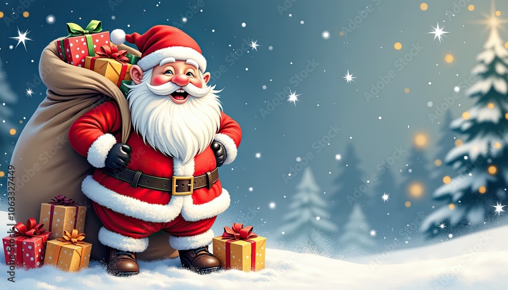 Illustrated Santa holding a gift sack in a snowy forest, with falling snow and open copy space for festive messages. Christmas and holiday card concept. Illustrated Santa holding a gift sack in a snowy forest, with falling snow and open copy space for festive messages. Christmas and holiday card concept.