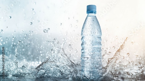 Bottle of water and splashes on light background