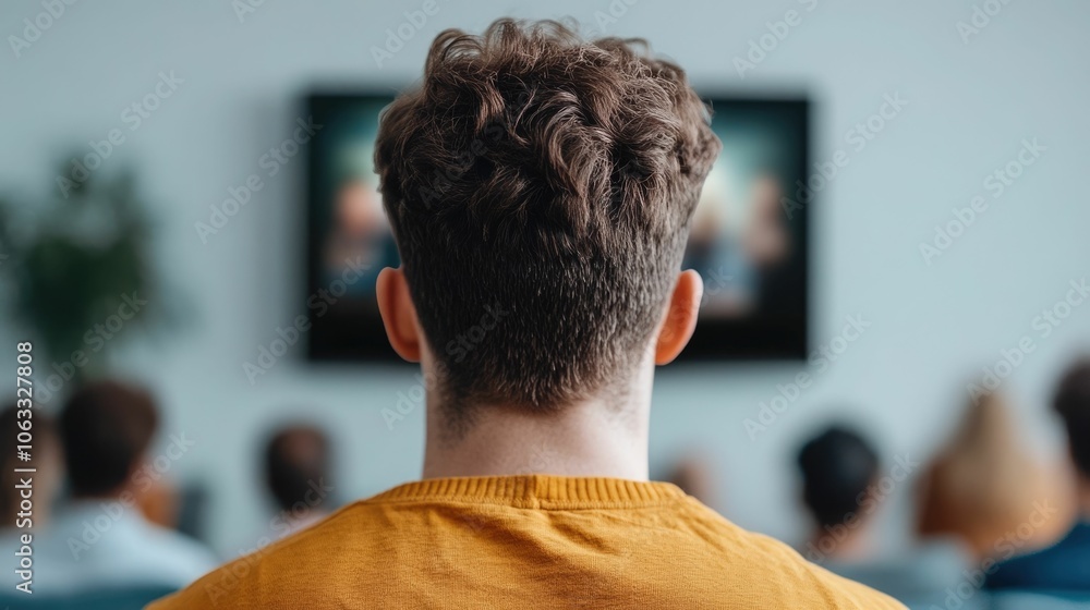 Congregation gathered around a screen in their living room watching a livestreamed worship service from home with a deep depth of field Congregation gathered around a screen in their living room watching a livestreamed worship service from home with a deep depth of field