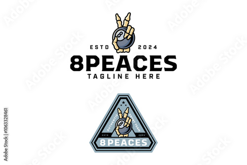 peace skull hand holding billiard black ball 8 logo design. 8 billiard ball is held hand skeleton badge logo design set. peace hand billiard ball illustration logo for billiard sport club, tournament