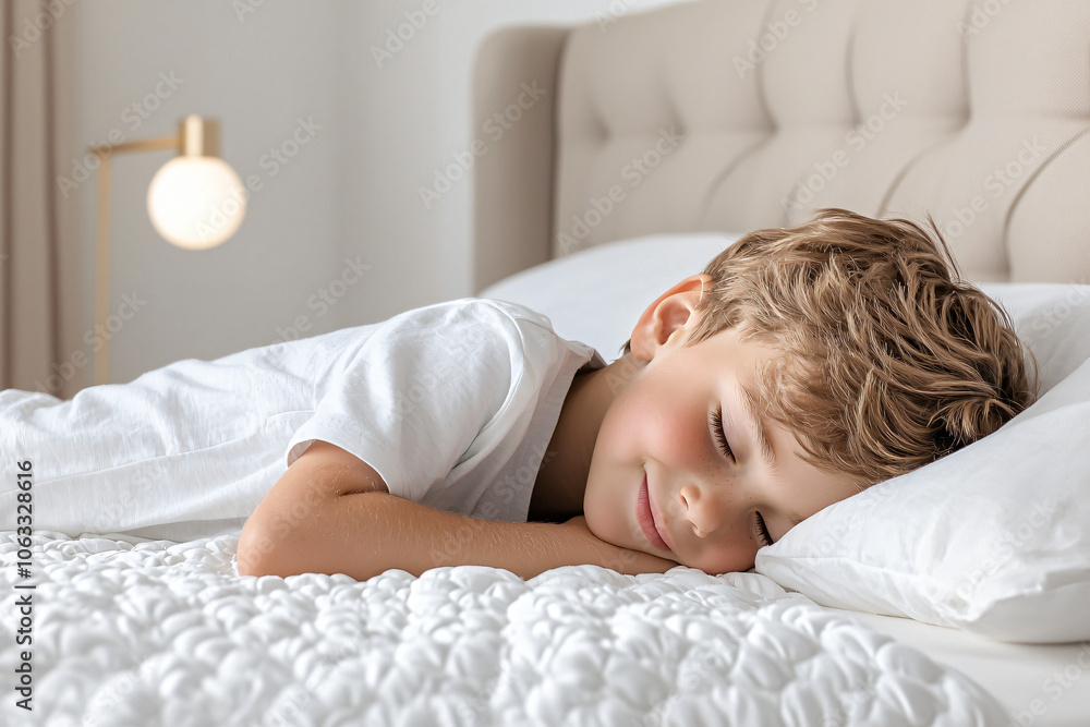 a young boy peacefully napping in afternoon light, cozy bedroom setting a young boy peacefully napping in afternoon light, cozy bedroom setting