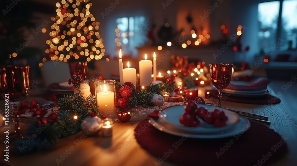 Setting up a holiday dinner table with candles, garlands, and festive dishes, with a decorated tree in the background. 4K hyperrealistic photo. Setting up a holiday dinner table with candles, garlands, and festive dishes, with a decorated tree in the background. 4K hyperrealistic photo.