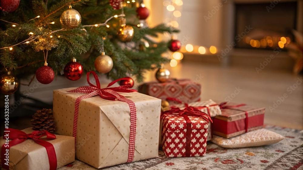 A beautifully decorated Christmas tree with red and gold ornaments stands over a cozy carpet, with wrapped gift boxes adorned with red ribbons placed beneath it. The warm, festive ambiance captures th A beautifully decorated Christmas tree with red and gold ornaments stands over a cozy carpet, with wrapped gift boxes adorned with red ribbons placed beneath it. The warm, festive ambiance captures th