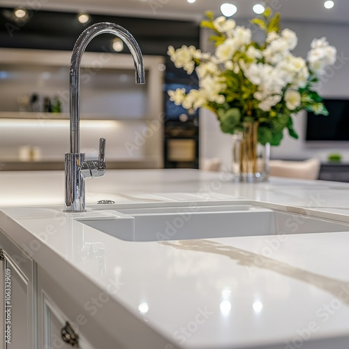 kitchen interior side view, modern, bright, aesthetically beautiful. kitchen sink and countertop