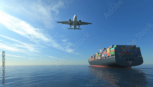 A large container cargo ship sailing in calm waters, fully loaded with colorful shipping containers. Above, a massive cargo airplane flies low in the bright blue sky photo