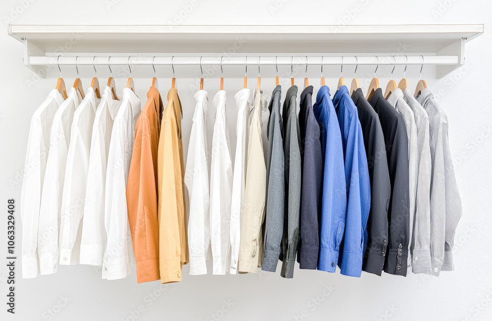 A neatly organized wardrobe showcasing a variety of minimalist shirts and sweaters in neutral tones. A neatly organized wardrobe showcasing a variety of minimalist shirts and sweaters in neutral tones.