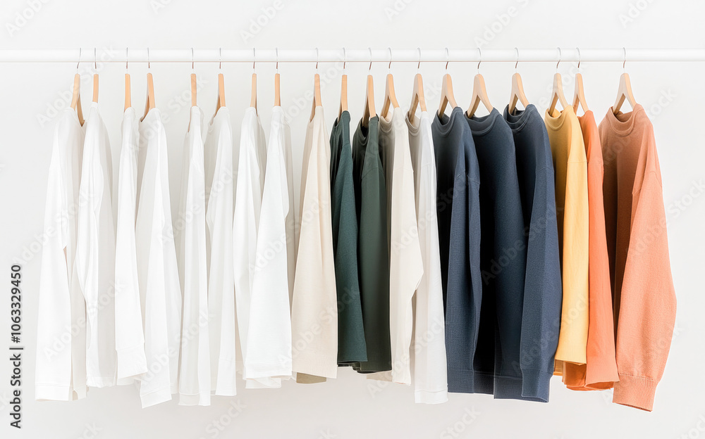 A row of minimalist sweaters in soft, neutral, and bold colors neatly arranged on wooden hangers, showcasing a clean and stylish wardrobe aesthetic for a modern and organized lifestyle. A row of minimalist sweaters in soft, neutral, and bold colors neatly arranged on wooden hangers, showcasing a clean and stylish wardrobe aesthetic for a modern and organized lifestyle.