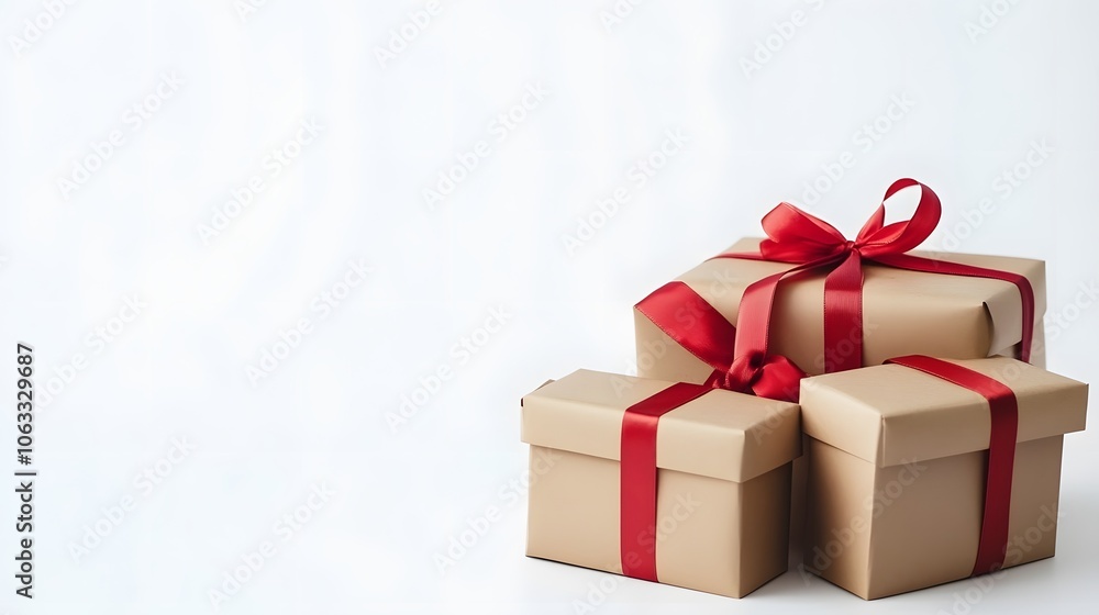Three Gift Boxes Tied with Red Ribbons on White Background Three Gift Boxes Tied with Red Ribbons on White Background