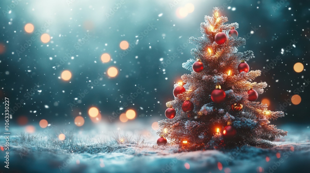Snow-covered Christmas tree with geometric patterns created by the arrangement of lights and ornaments. 4K hyperrealistic photo. Snow-covered Christmas tree with geometric patterns created by the arrangement of lights and ornaments. 4K hyperrealistic photo.