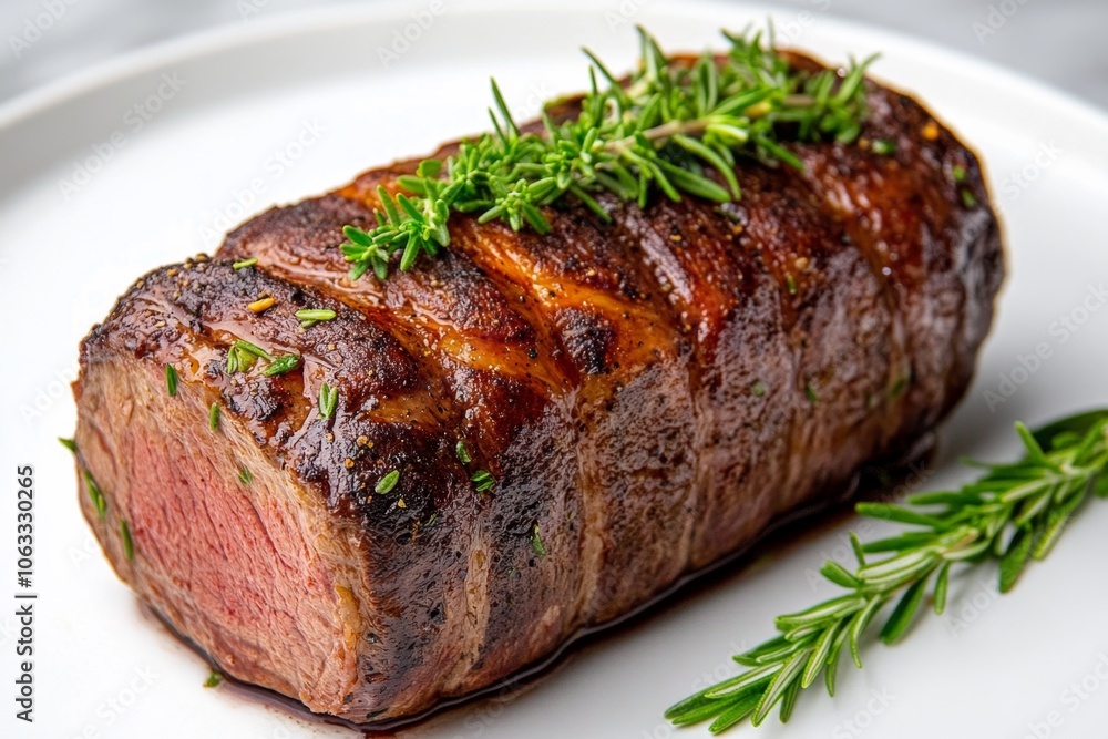 Close-up of a beef roast fresh from the oven, with the meat juicy and slightly charred on the outside, garnished with rosemary and thyme Close-up of a beef roast fresh from the oven, with the meat juicy and slightly charred on the outside, garnished with rosemary and thyme