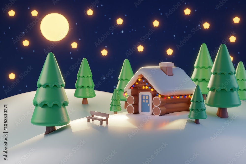Fototapeta premium Landscape with snow, green pine trees, hills and houses with Christmas lights, background with moon in the sky and stars.