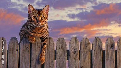 An Elegant Bengal Cat Observing the Tranquility of a Peaceful Evening photo