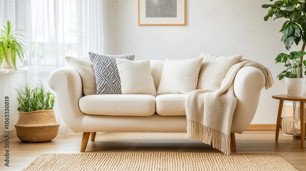 Fototapeta premium Bright and cozy living room with a soft white couch adorned with decorative pillows, surrounded by plants and natural light.