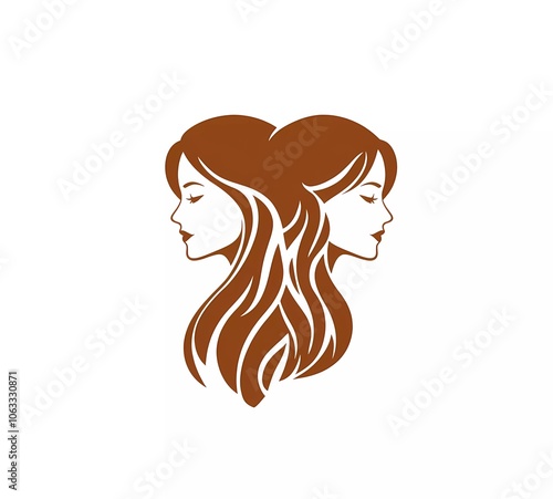 Simple vector logo, silhouette of two women's faces in profile with long hair, white background, brown color