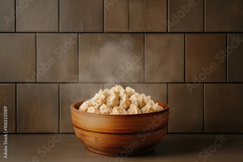 Steaming dumplings in a wooden bowl a delicious asian culinary delight ready to savor photo