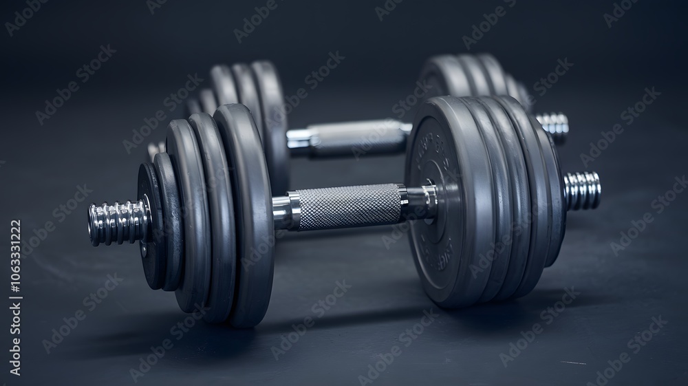 A pair of dumbbells placed side by side on a dark surface. A pair of dumbbells placed side by side on a dark surface.