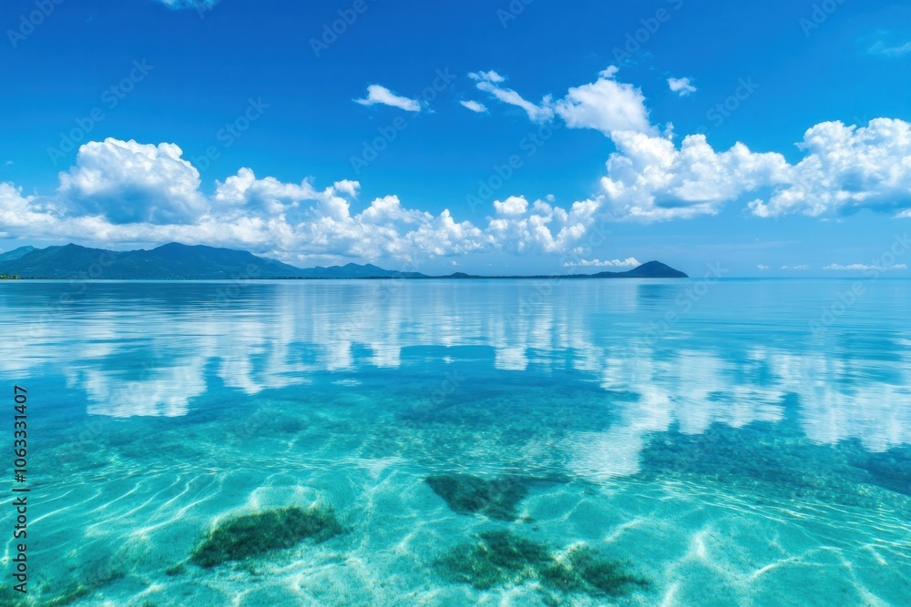 Reflections of scattered clouds on a clear, shimmering body of water, enhancing the visual depth Reflections of scattered clouds on a clear, shimmering body of water, enhancing the visual depth