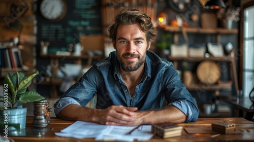 Portrait of a young smiling man with a beard working on some project at home, he is sitting at a desk and looking at the camera