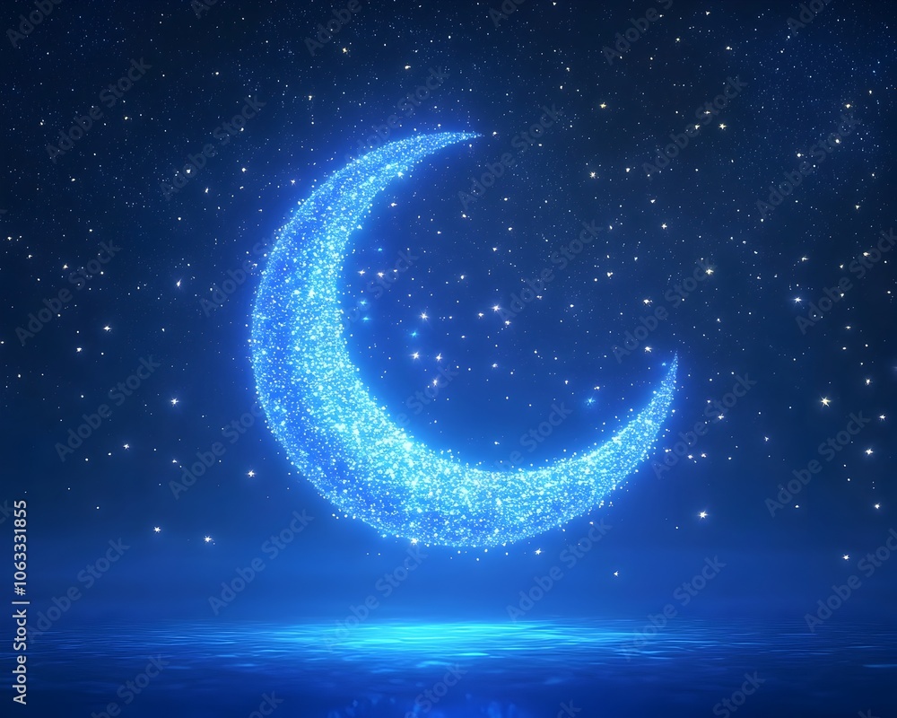 Glowing Neon Crescent Moon in Starry Midnight Sky for Jewelry and Fantasy Product Display Glowing Neon Crescent Moon in Starry Midnight Sky for Jewelry and Fantasy Product Display