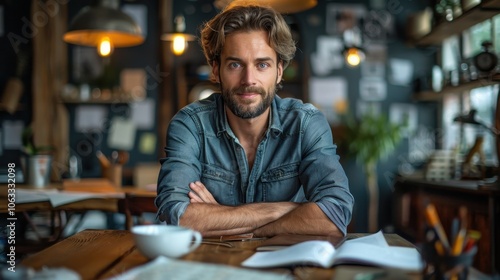 Portrait of a young smiling man with a beard working on some project at home, he is sitting at a desk and looking at the camera