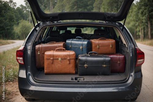 Wallpaper Mural A neatly arranged collection of vintage suitcases in the trunk of a car on a country road during daylight Torontodigital.ca