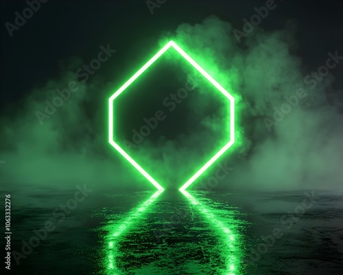 Wallpaper Mural Glowing Neon Green Hexagon in Misty Room with Reflected Surface Torontodigital.ca