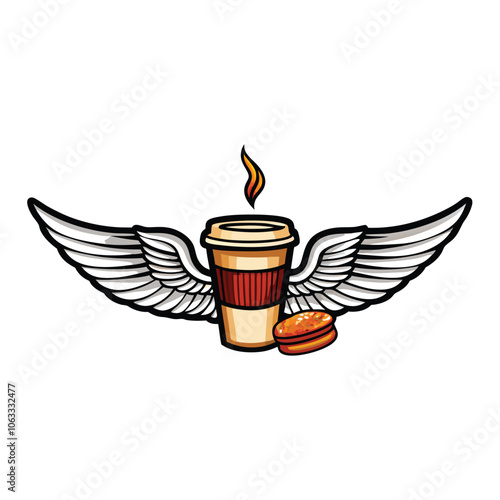 A stylized coffee cup with feathered wings soaring through the air, representing the speed and convenience of express coffee.