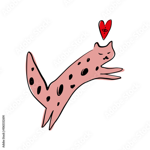 Hand drawn happy Birthday or Valentine card with funny pink leopard cat with heart. Vector clipart illustration. Isolated on white background. Good for posters, t shirts, postcards, mugs, branding.