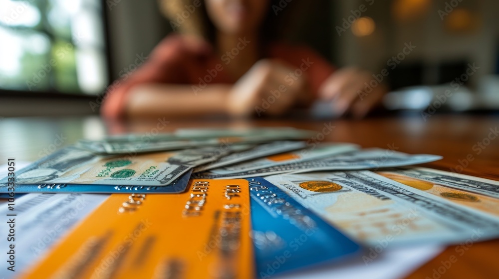 A person is sitting at a wooden table, focusing on their finances while handling various credit cards and cash in a bright, cozy indoor environment. A person is sitting at a wooden table, focusing on their finances while handling various credit cards and cash in a bright, cozy indoor environment.