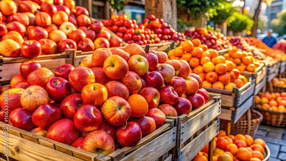A vibrant display of red and orange fruits in wooden crates, showcasing a market's abundance and the natural beauty of produce A vibrant display of red and orange fruits in wooden crates, showcasing a market's abundance and the natural beauty of produce