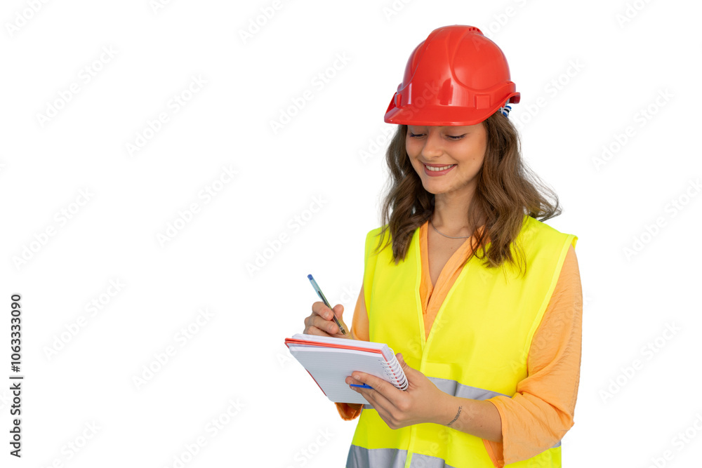 Ambitious young woman in hard hat focused on her work Ambitious young woman in hard hat focused on her work