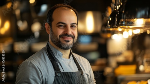 male chef in brown apron in kitchen 