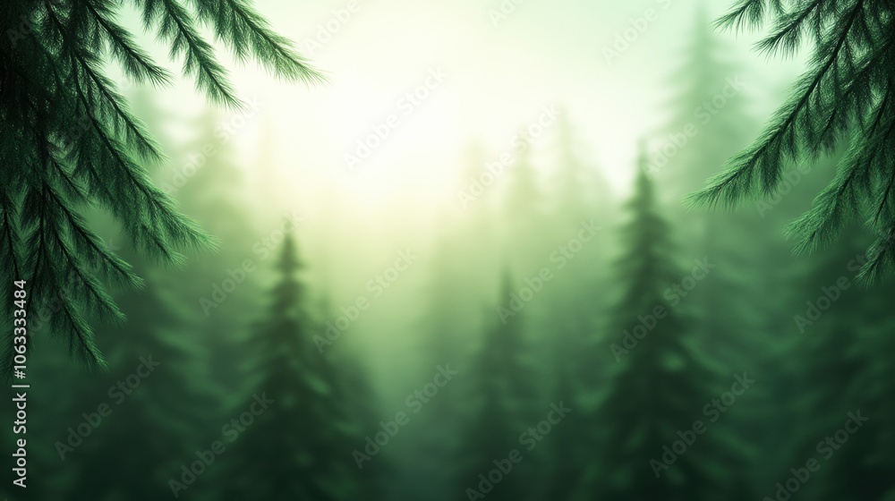 Obraz premium Misty forest with sunlight filtering through dense evergreen trees, AI