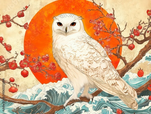 white owl surrounded by red plum blossoms and waves patterns, very rich and colorful illustration photo