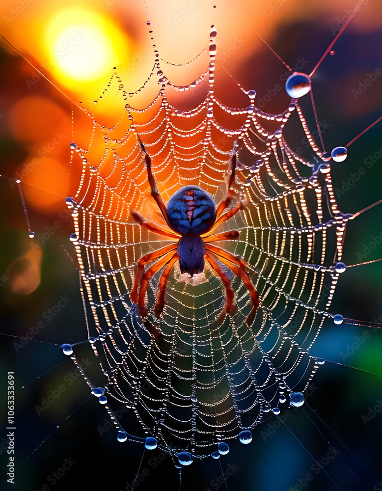 A spider catches morning light on its dew-covered web showcasing nature’s intricate beauty in a macro perspective A spider catches morning light on its dew-covered web showcasing nature’s intricate beauty in a macro perspective