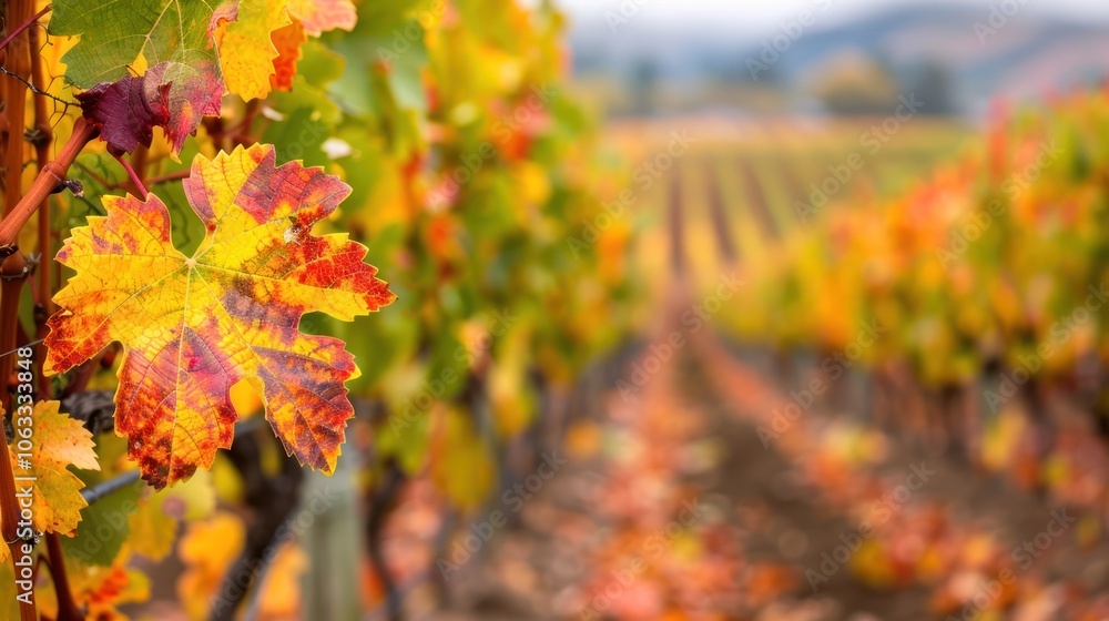 Vibrant autumn leaves in a vineyard, showcasing rich hues of yellow and purple against blurred rows of grapevines.