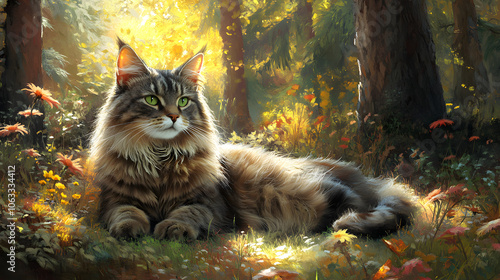 Experience the Majestic Norwegian Forest Cat in a Serene Forest Surrounded by Nature's Beauty