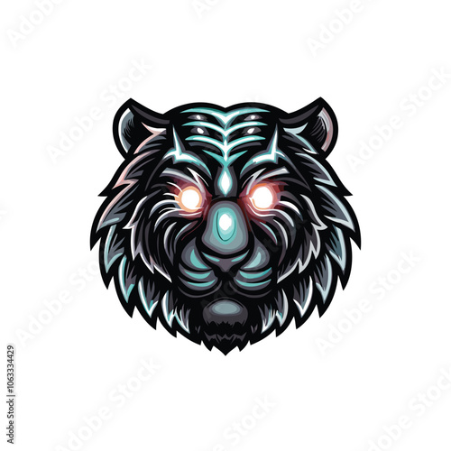 A detailed tiger head with cybernetic features, including glowing circuits, metallic implants, and a single, glowing blue eye.