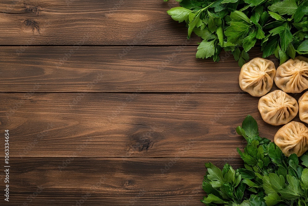 Delight in flavor enjoy delicious dumplings surrounded by fresh green herbs on a rustic wooden table Delight in flavor enjoy delicious dumplings surrounded by fresh green herbs on a rustic wooden table
