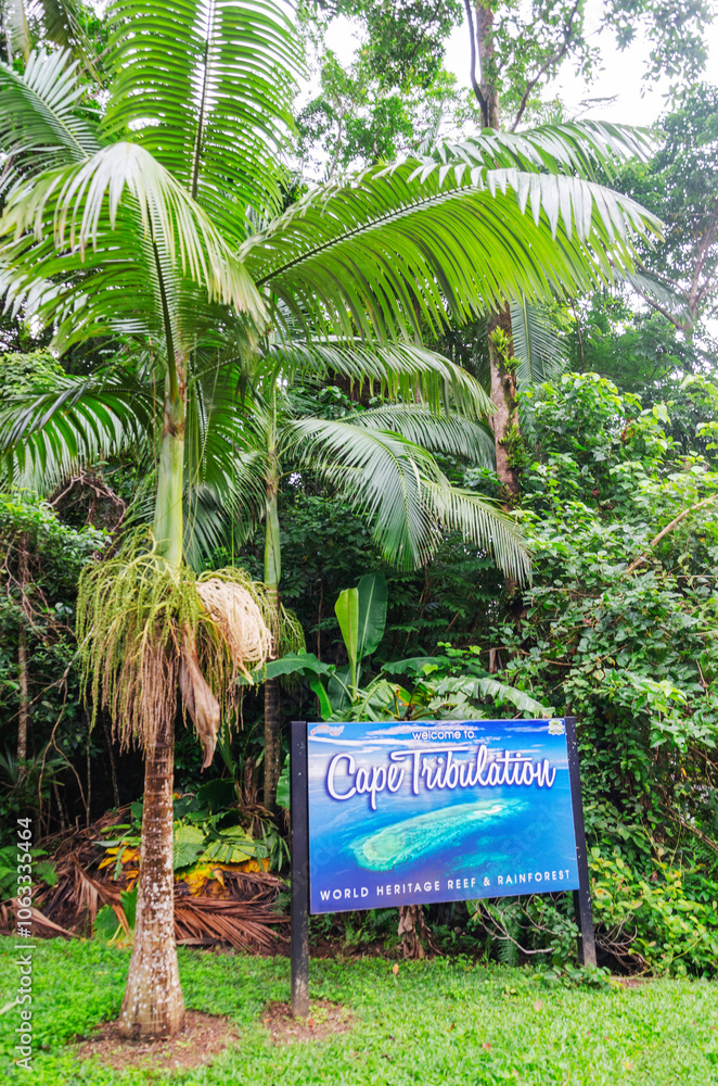Cape Tribulation welcome board in Daintree Rainforest, Queensland, Australia