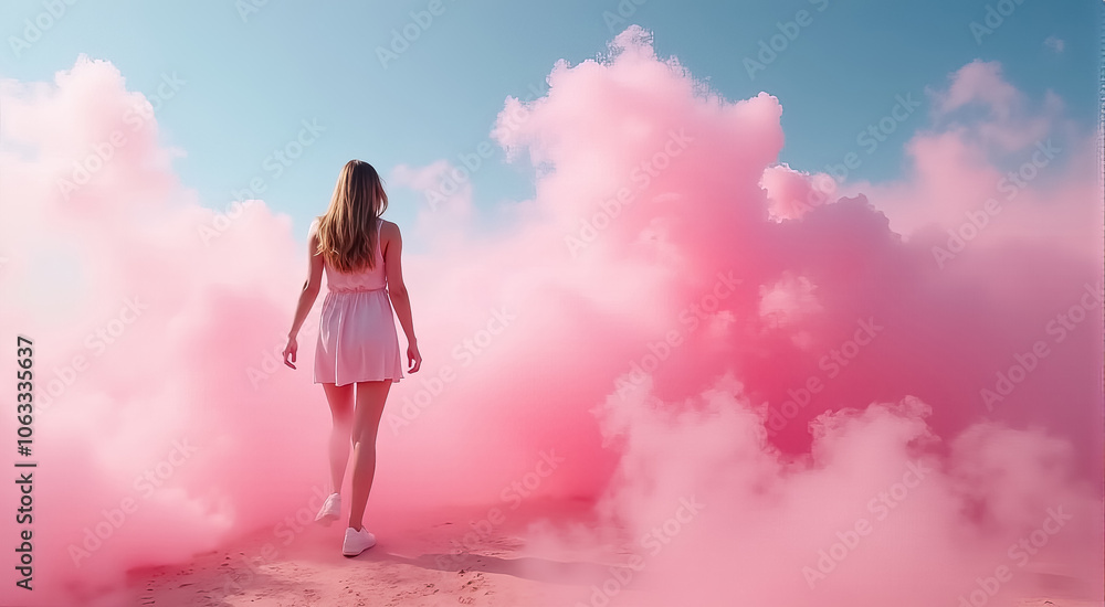 Fototapeta premium A woman is walking through a pink cloud of smoke
