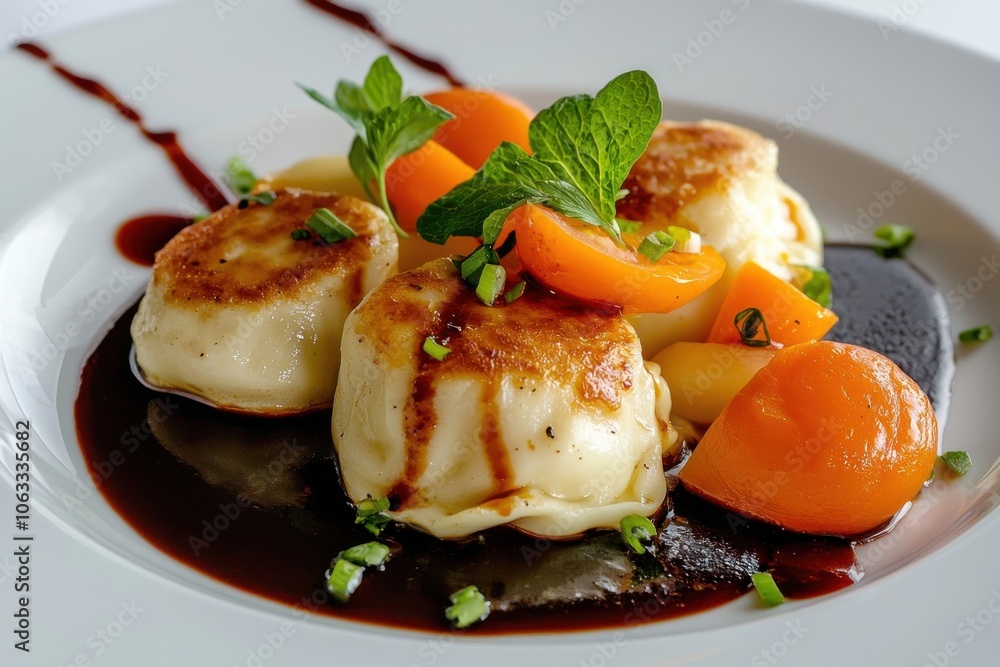 Indulge in delightful scallops with apricot garnish and rich sauce for a gourmet experience Indulge in delightful scallops with apricot garnish and rich sauce for a gourmet experience