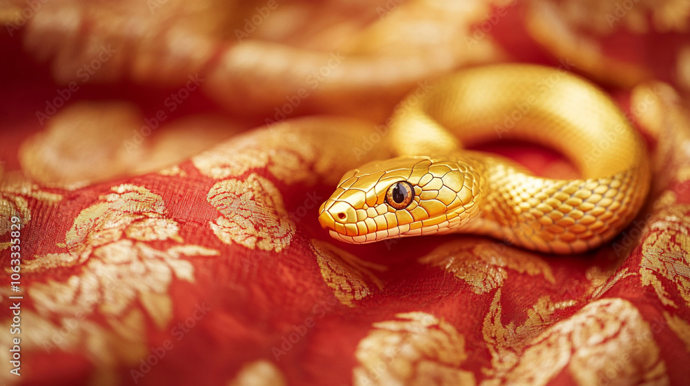 Obraz premium New Year 2025. Chinese New Year, year of the snake. Chinese snake on a red background, with copy space. 