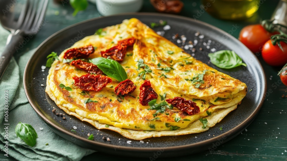 Tortilla tortilla french style with omelette and sun-dried tomatoes. French cuisine Tortilla tortilla french style with omelette and sun-dried tomatoes. French cuisine