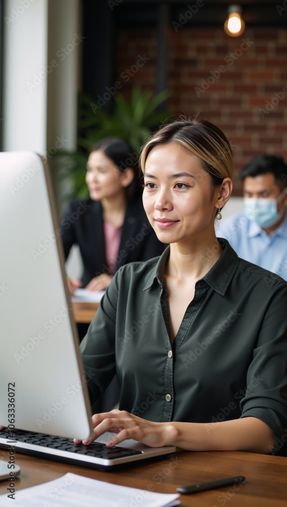 A diverse office workspace features a young cropped-haired Asian-American woman working at her computer A diverse office workspace features a young cropped-haired Asian-American woman working at her computer