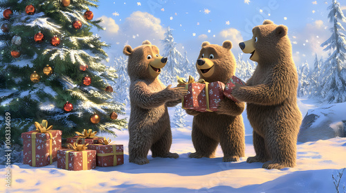 Animated cartoon jungle cute animals celebrating Christmas with gifts and festive jungle decorations. photo