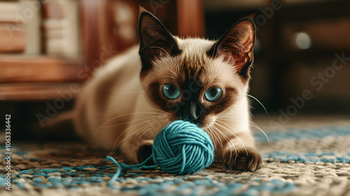 A Vibrant Colorpoint Shorthair Cat Engaging in Play with a Yarn Ball, Displaying its Agility and Spirited Personality photo